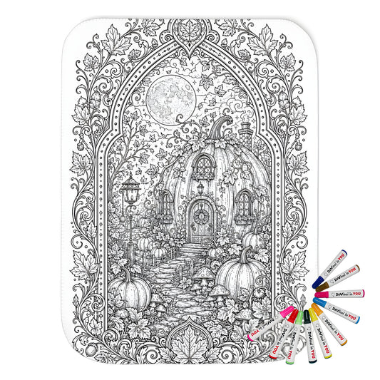 Autumn Pumpkin Cottage Sherpa Blanket coloring kit mockup with polyester and graphic print