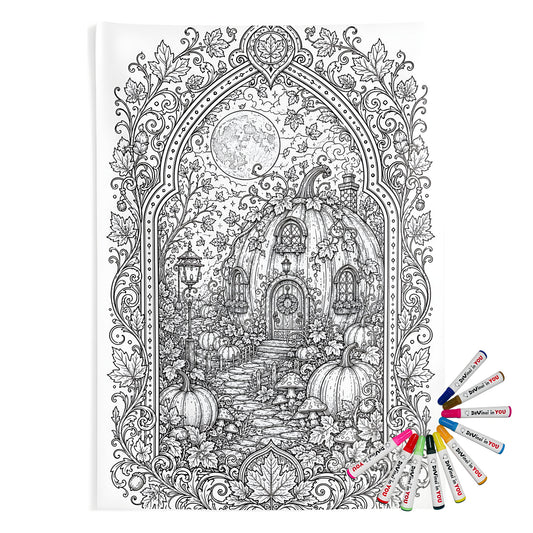 Autumn Pumpkin Cottage Indoor Wall Tapestry coloring kit mockup with polyester and graphic print