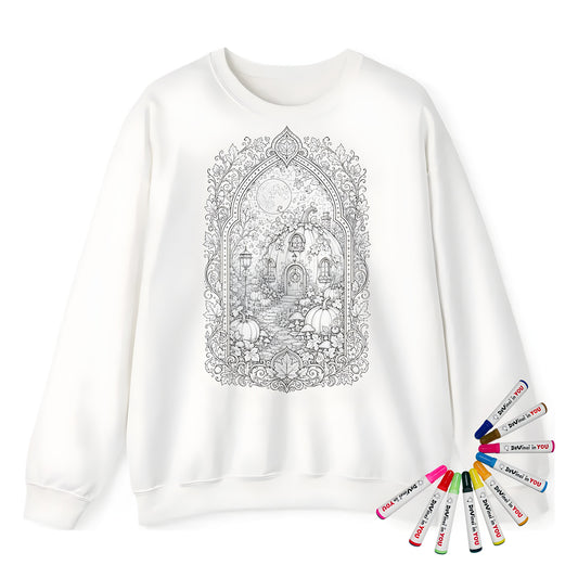 Autumn Pumpkin Cottage Adult Crewneck Sweatshirt coloring kit mockup with white base, cotton/polyester blend, and graphic print