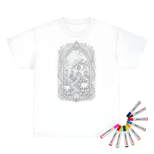 Autumn Pumpkin Cottage Unisex T-Shirt coloring kit mockup with white base, cotton, and graphic print