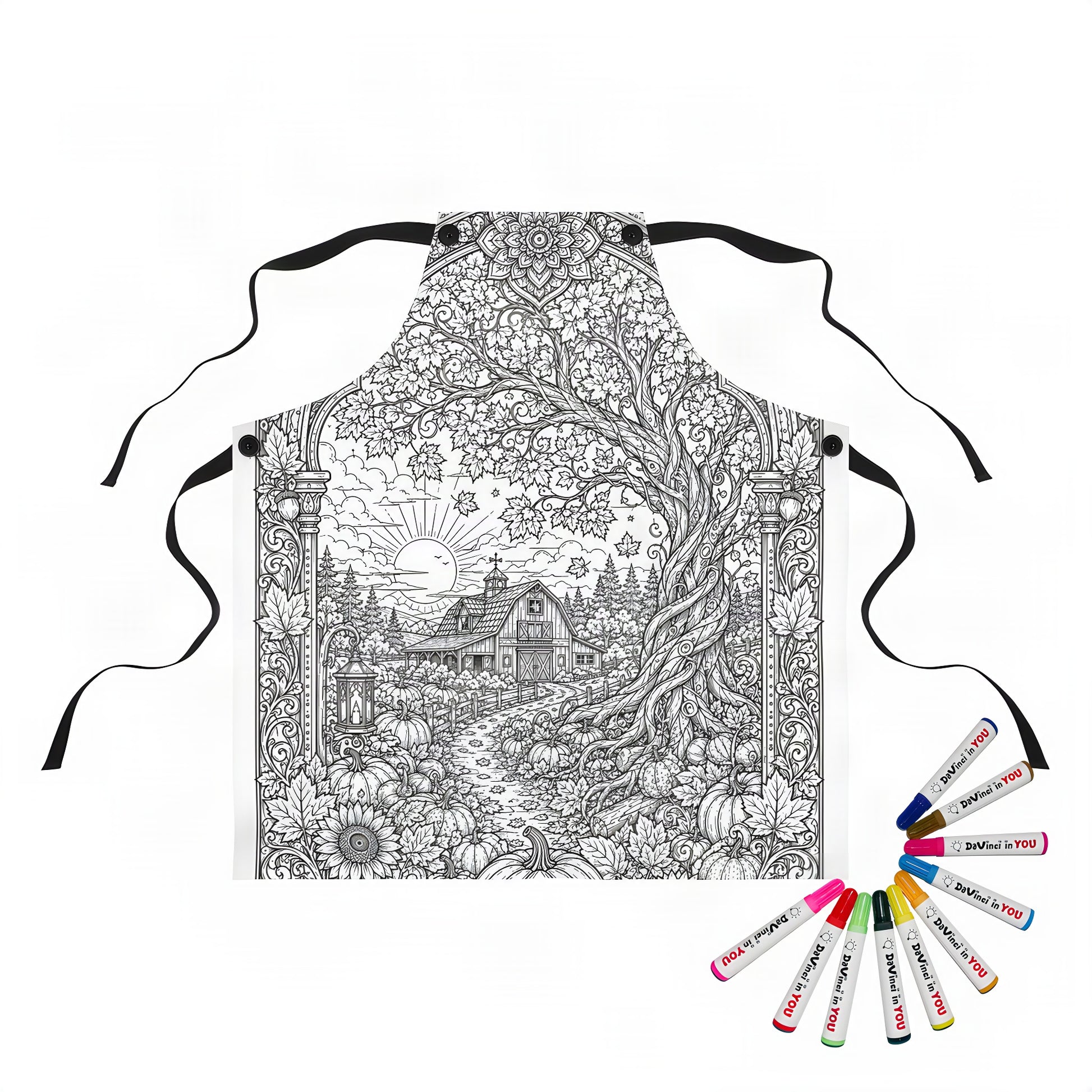 Autumn Sunrise Barn Apron coloring kit mockup with polyester and graphic print