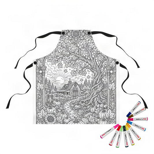Autumn Sunrise Barn Apron coloring kit mockup with polyester and graphic print