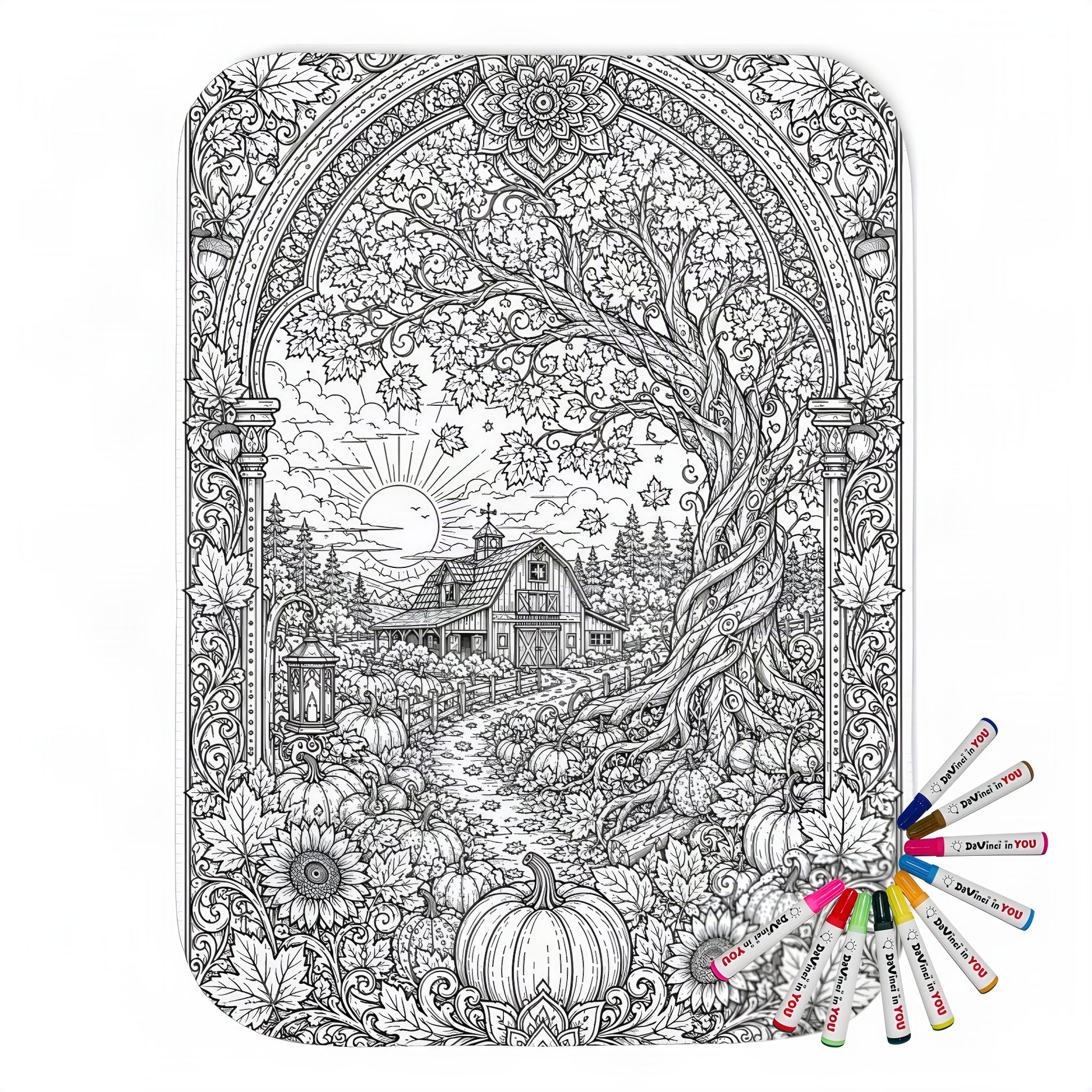 Autumn Sunrise Barn Sherpa Blanket coloring kit mockup with polyester and graphic print