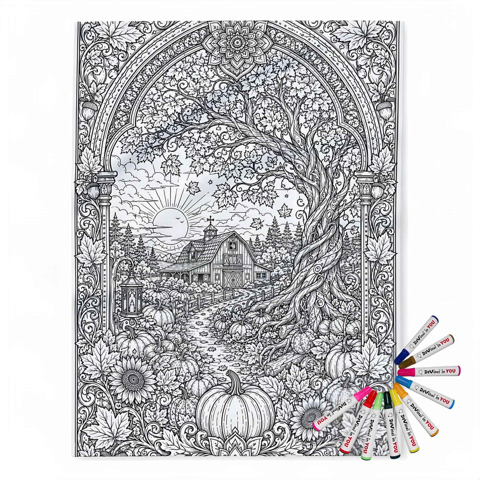 Autumn Sunrise Barn Fleece Blanket coloring kit mockup with polyester fleece and graphic print