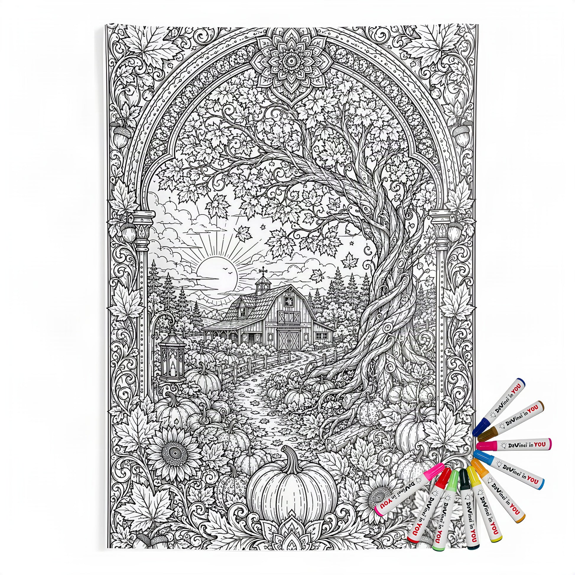Autumn Sunrise Barn Indoor Wall Tapestry coloring kit mockup with polyester and graphic print