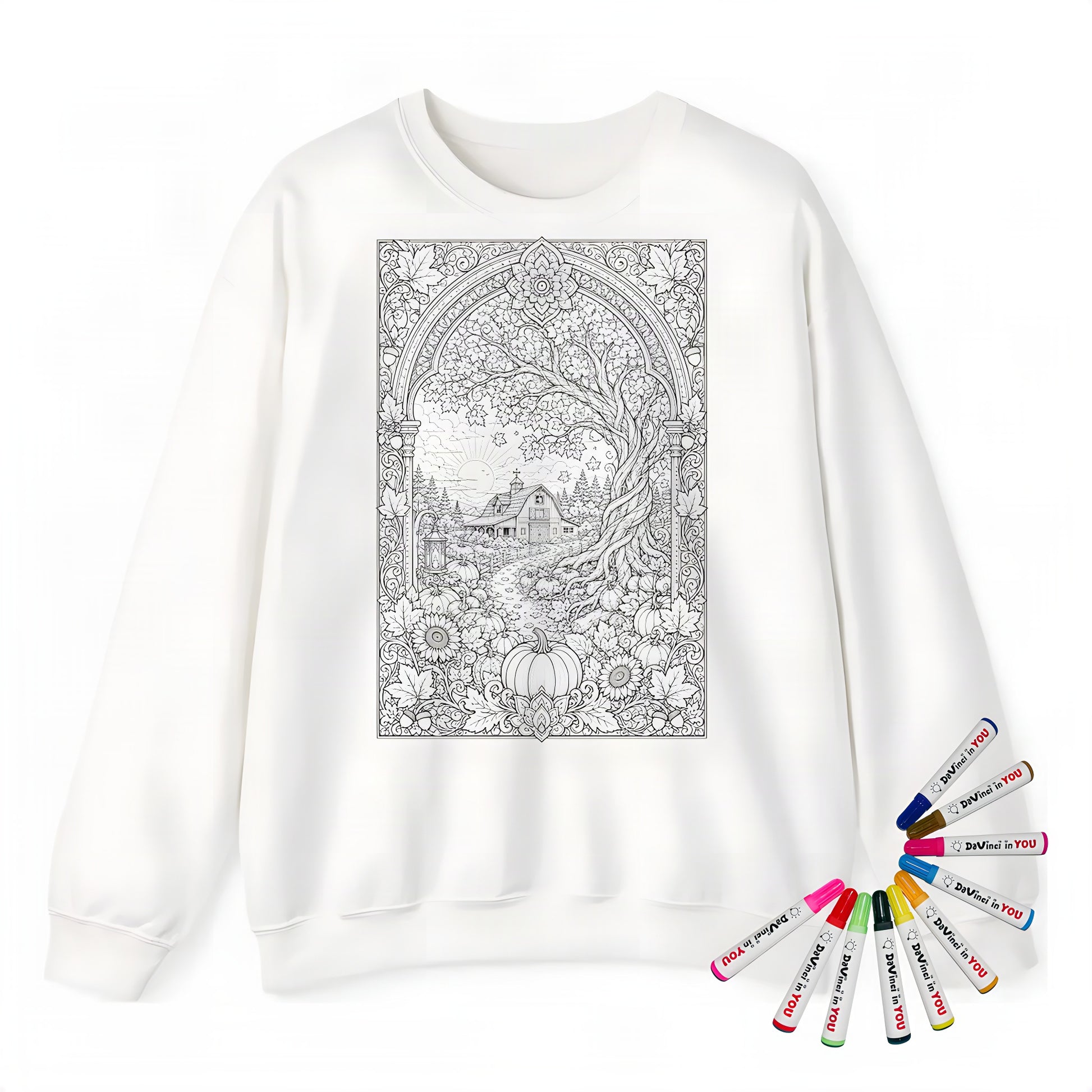 Autumn Sunrise Barn Adult Crewneck Sweatshirt coloring kit mockup with white base, cotton/polyester blend, and graphic print