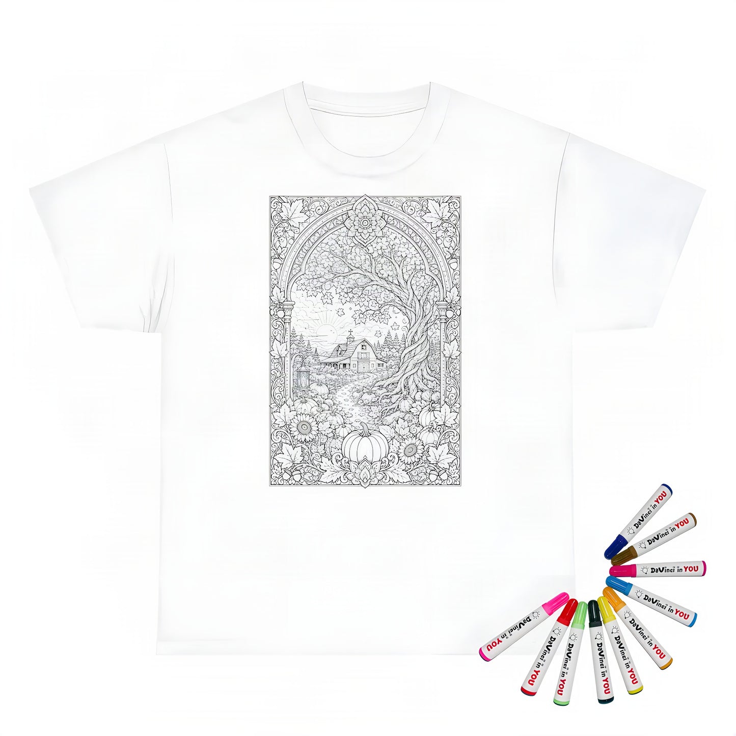 Autumn Sunrise Barn Unisex T-Shirt coloring kit mockup with white base, cotton, and graphic print