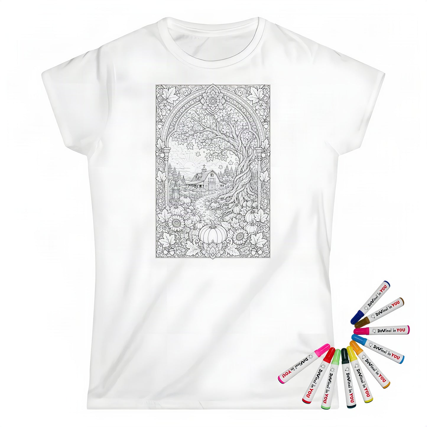 Autumn Sunrise Barn Womens T-Shirt coloring kit mockup with white base, cotton, and graphic print