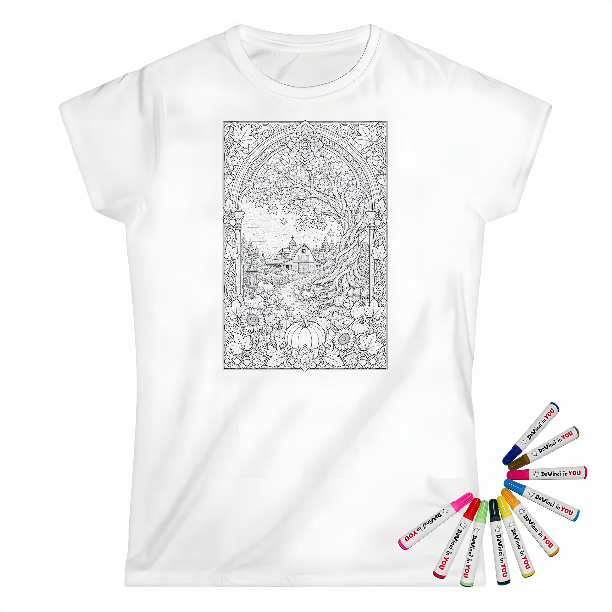 Autumn Sunrise Barn Womens T-Shirt coloring kit mockup with white base, cotton, and graphic print