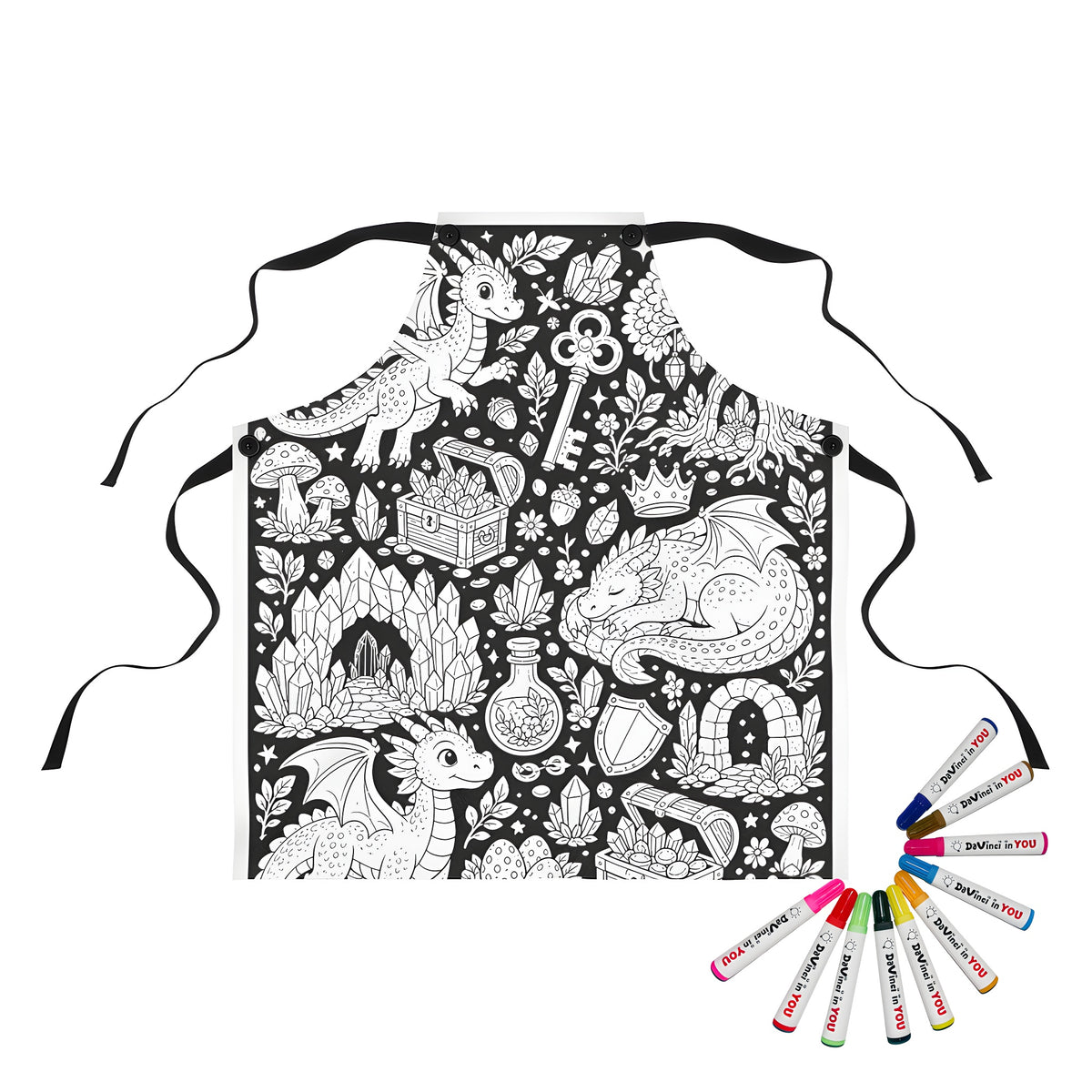 Baby Dragon Treasure Grove Apron coloring kit mockup with polyester and graphic print