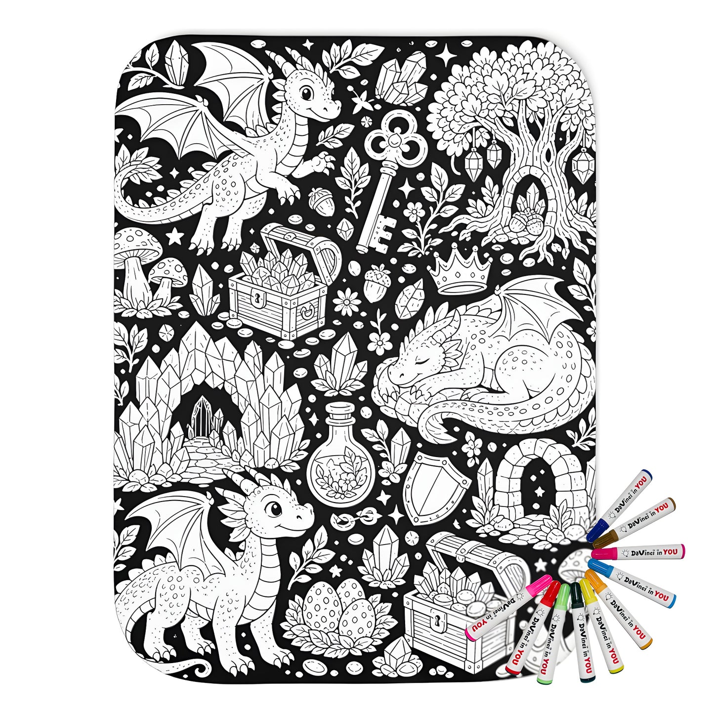Baby Dragon Treasure Grove Sherpa Blanket coloring kit mockup with polyester and graphic print