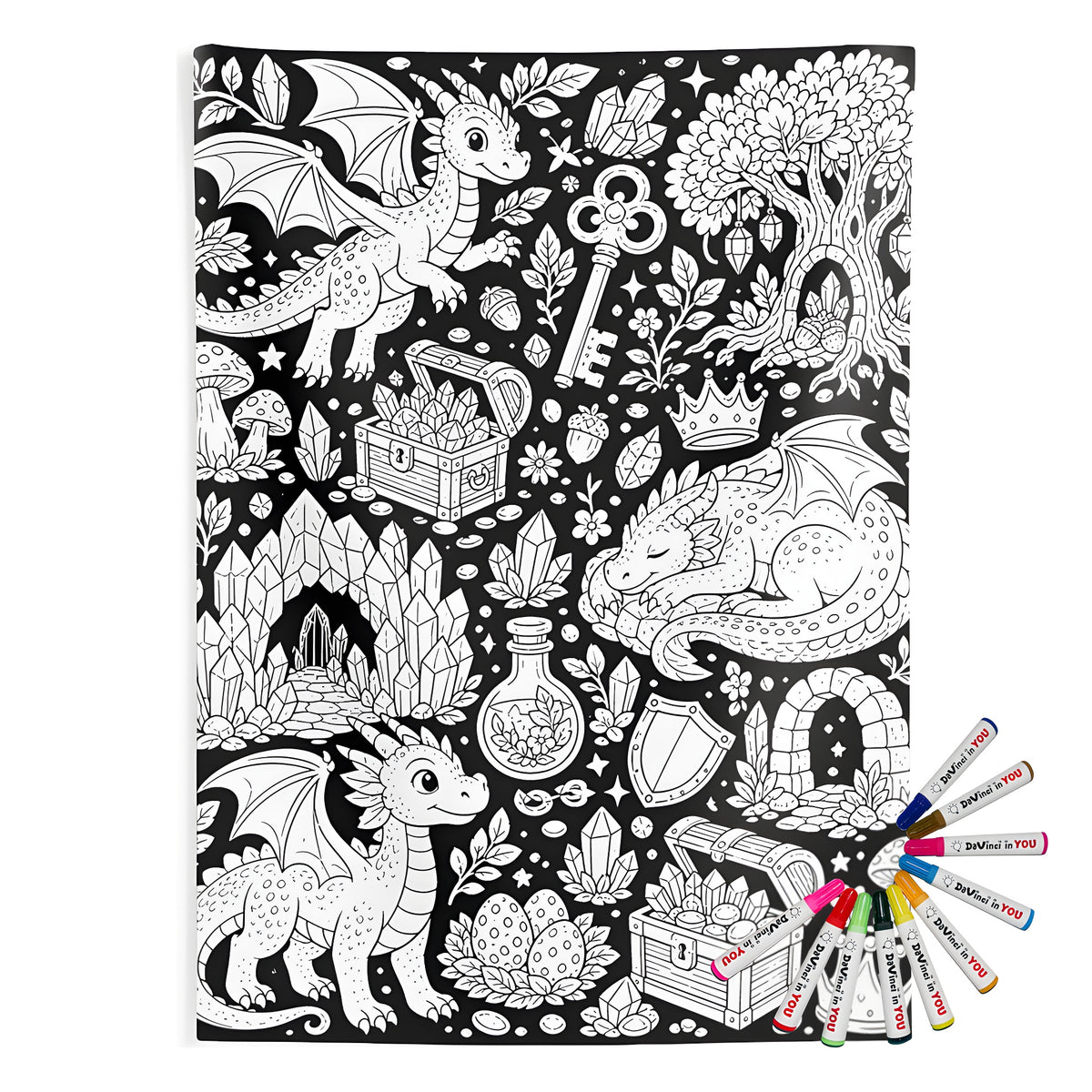 Baby Dragon Treasure Grove Indoor Wall Tapestry coloring kit mockup with polyester and graphic print