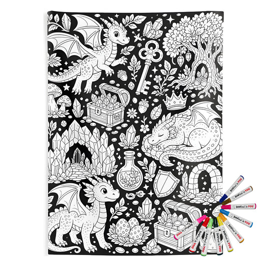 Baby Dragon Treasure Grove Indoor Wall Tapestry coloring kit mockup with polyester and graphic print
