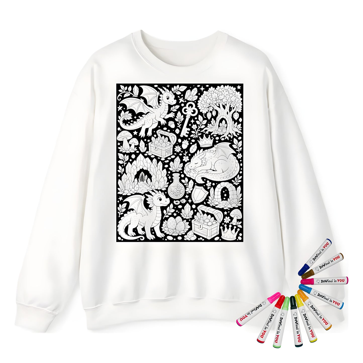 Baby Dragon Treasure Grove Adult Crewneck Sweatshirt coloring kit mockup with white base, cotton/polyester blend, and graphic print
