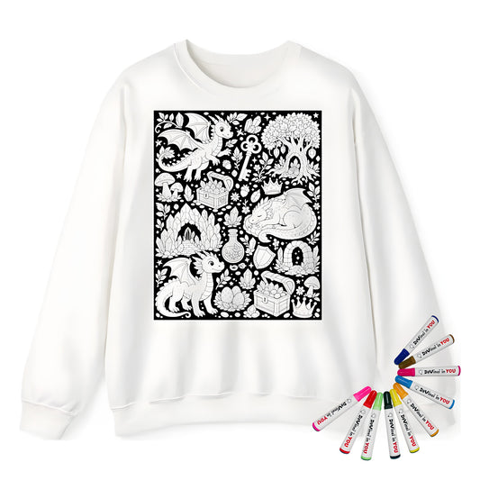 Baby Dragon Treasure Grove Adult Crewneck Sweatshirt coloring kit mockup with white base, cotton/polyester blend, and graphic print
