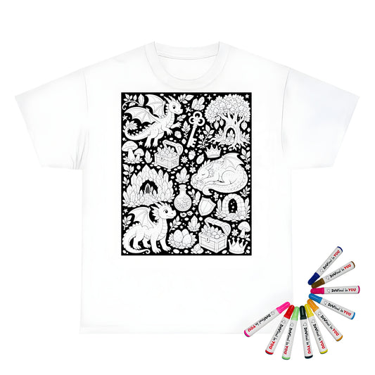 Baby Dragon Treasure Grove Kids T-Shirt coloring kit mockup with white base, cotton, and graphic print