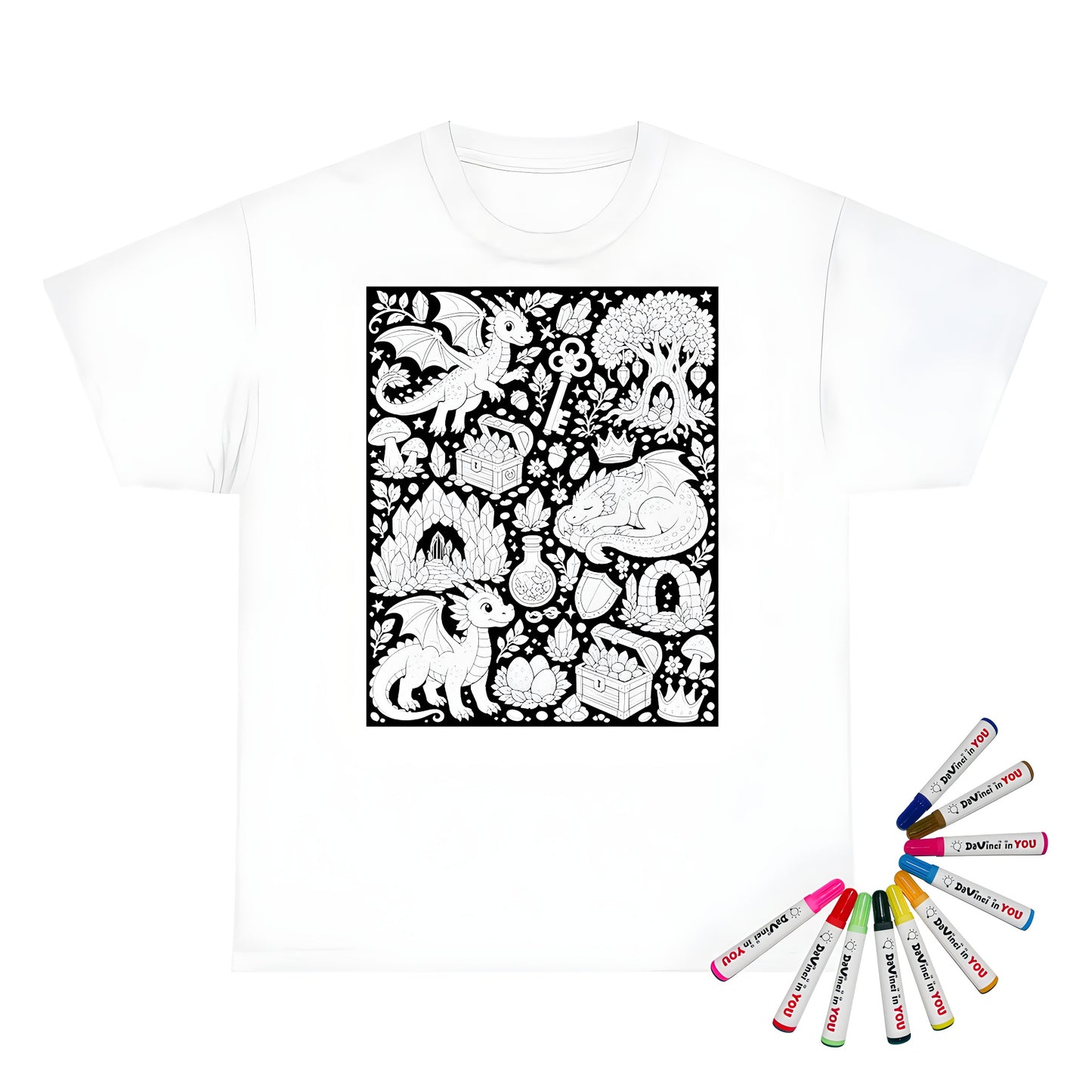 Baby Dragon Treasure Grove Unisex T-Shirt coloring kit mockup with white base, cotton, and graphic print