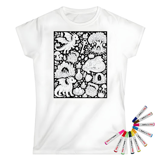 Baby Dragon Treasure Grove Womens T-Shirt coloring kit mockup with white base, cotton, and graphic print