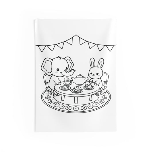 Indoor Wall Tapestry Coloring Kit with 10 Fabric Markers - Cute Animal Tea Party