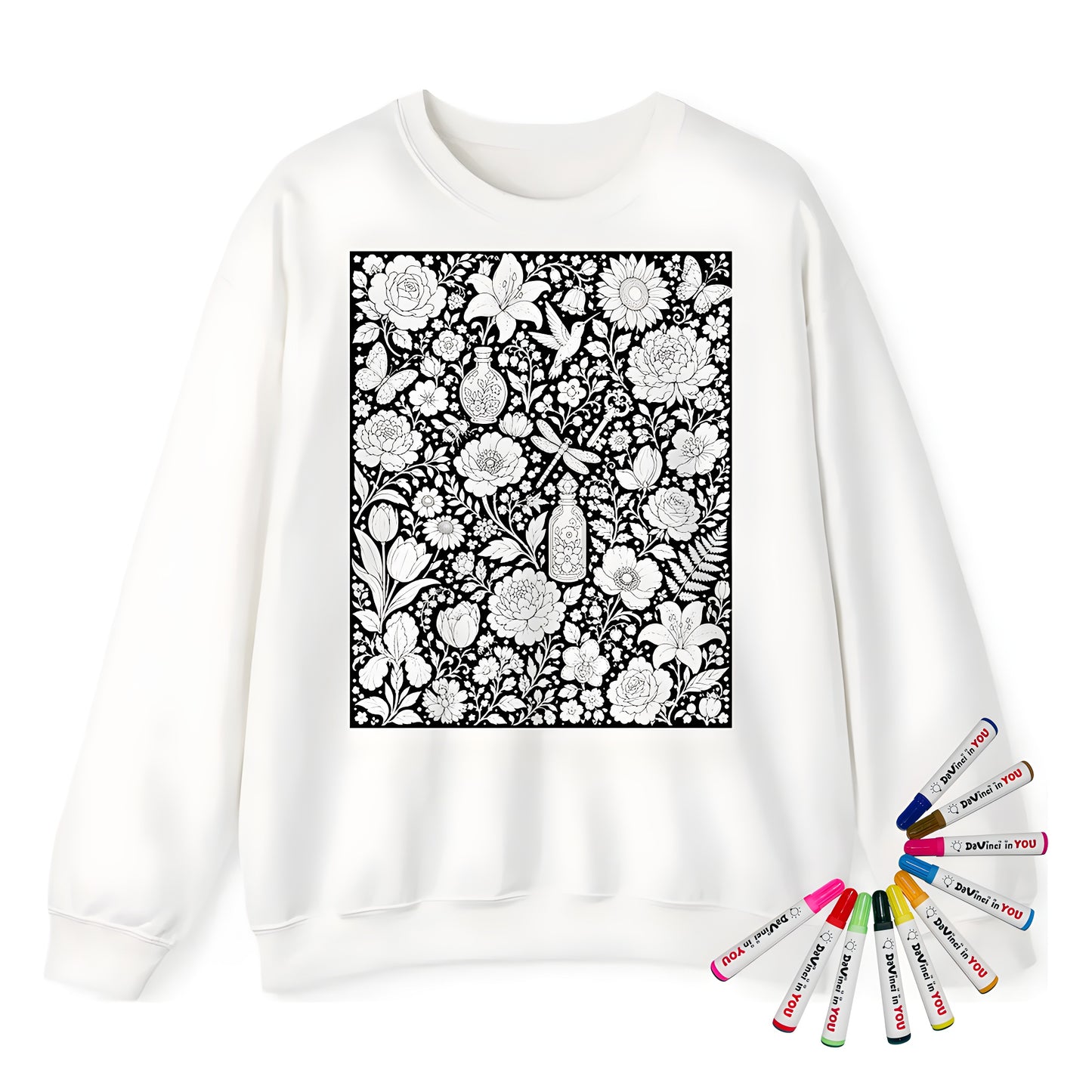 Botanical Garden Adult Crewneck Sweatshirt coloring kit mockup with white base, cotton/polyester blend, and graphic print