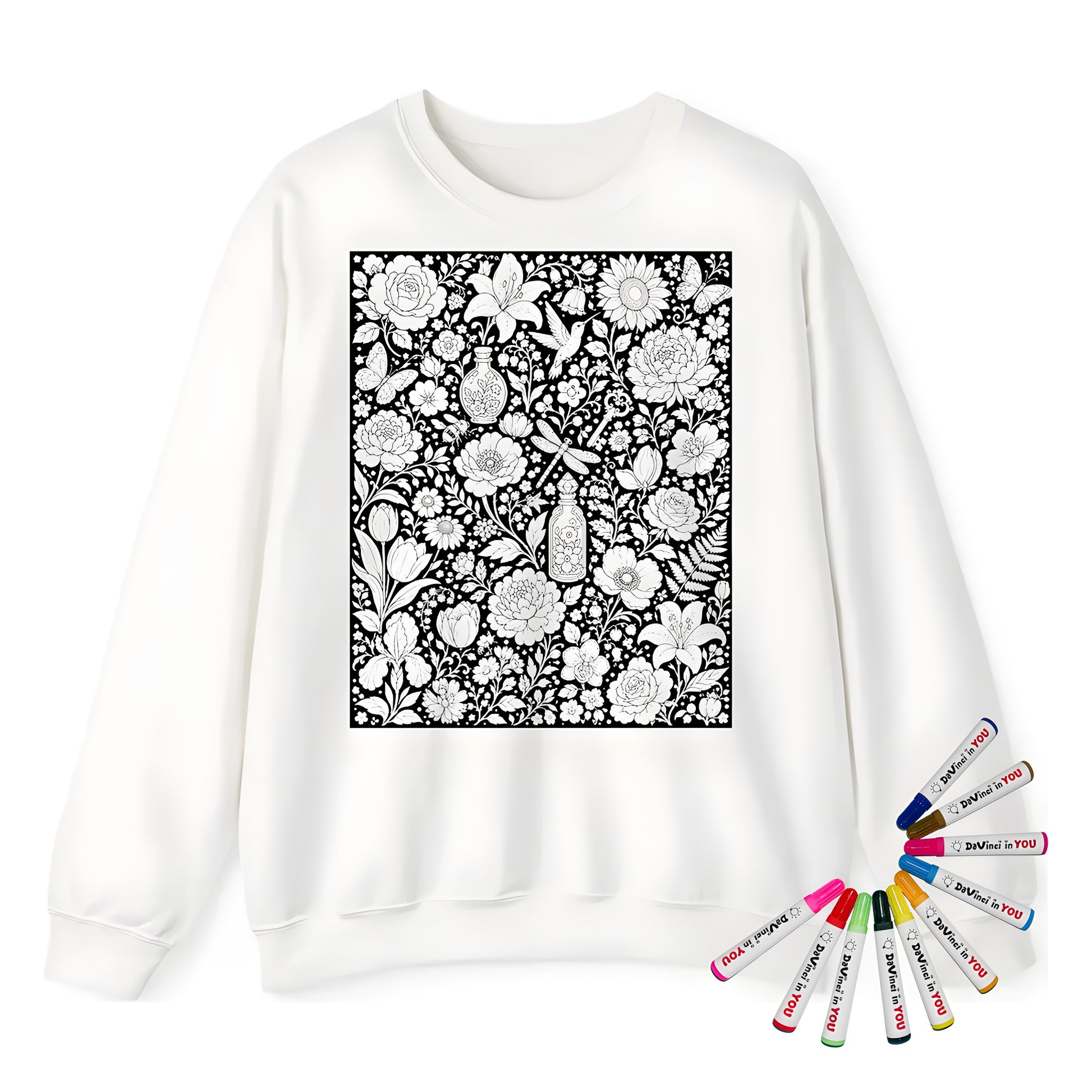 Botanical Garden Adult Crewneck Sweatshirt coloring kit mockup with white base, cotton/polyester blend, and graphic print
