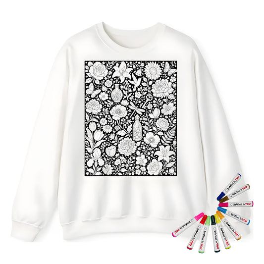 Botanical Garden Adult Crewneck Sweatshirt coloring kit mockup with white base, cotton/polyester blend, and graphic print