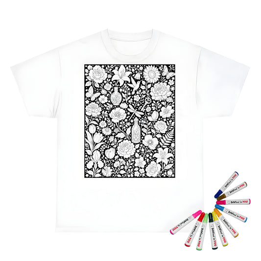 Botanical Garden Kids T-Shirt coloring kit mockup with white base, cotton, and graphic print