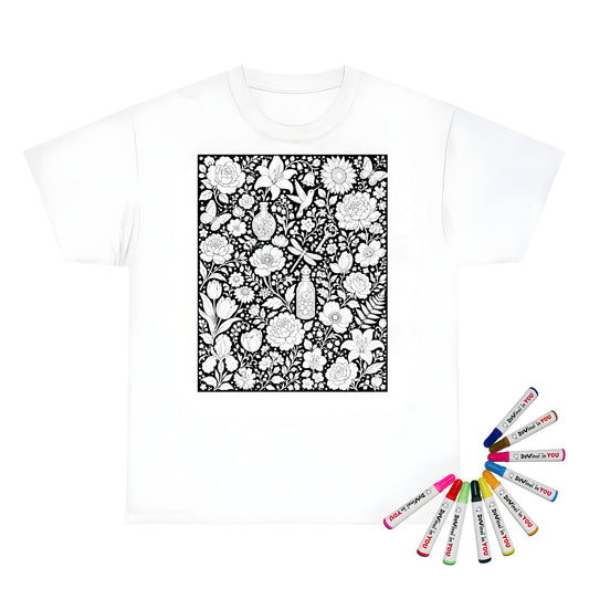 Botanical Garden Unisex T-Shirt coloring kit mockup with white base, cotton, and graphic print