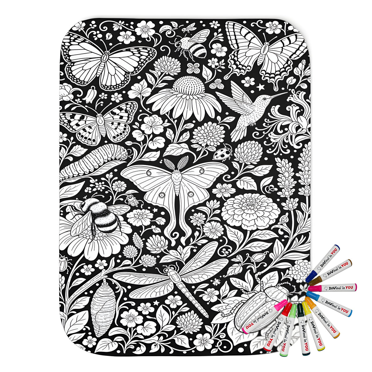 Butterfly and Moth Garden Sherpa Blanket coloring kit mockup with polyester and graphic print