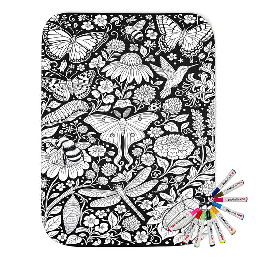 Butterfly and Moth Garden Sherpa Blanket coloring kit mockup with polyester and graphic print