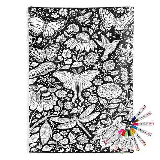 Butterfly and Moth Garden Indoor Wall Tapestry coloring kit mockup with polyester and graphic print
