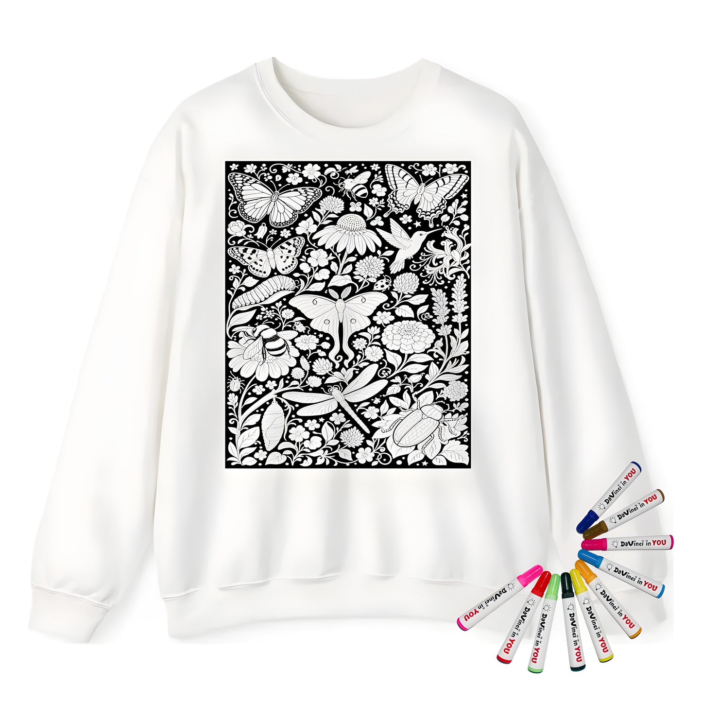 Butterfly and Moth Garden Adult Crewneck Sweatshirt coloring kit mockup with white base, cotton/polyester blend, and graphic print