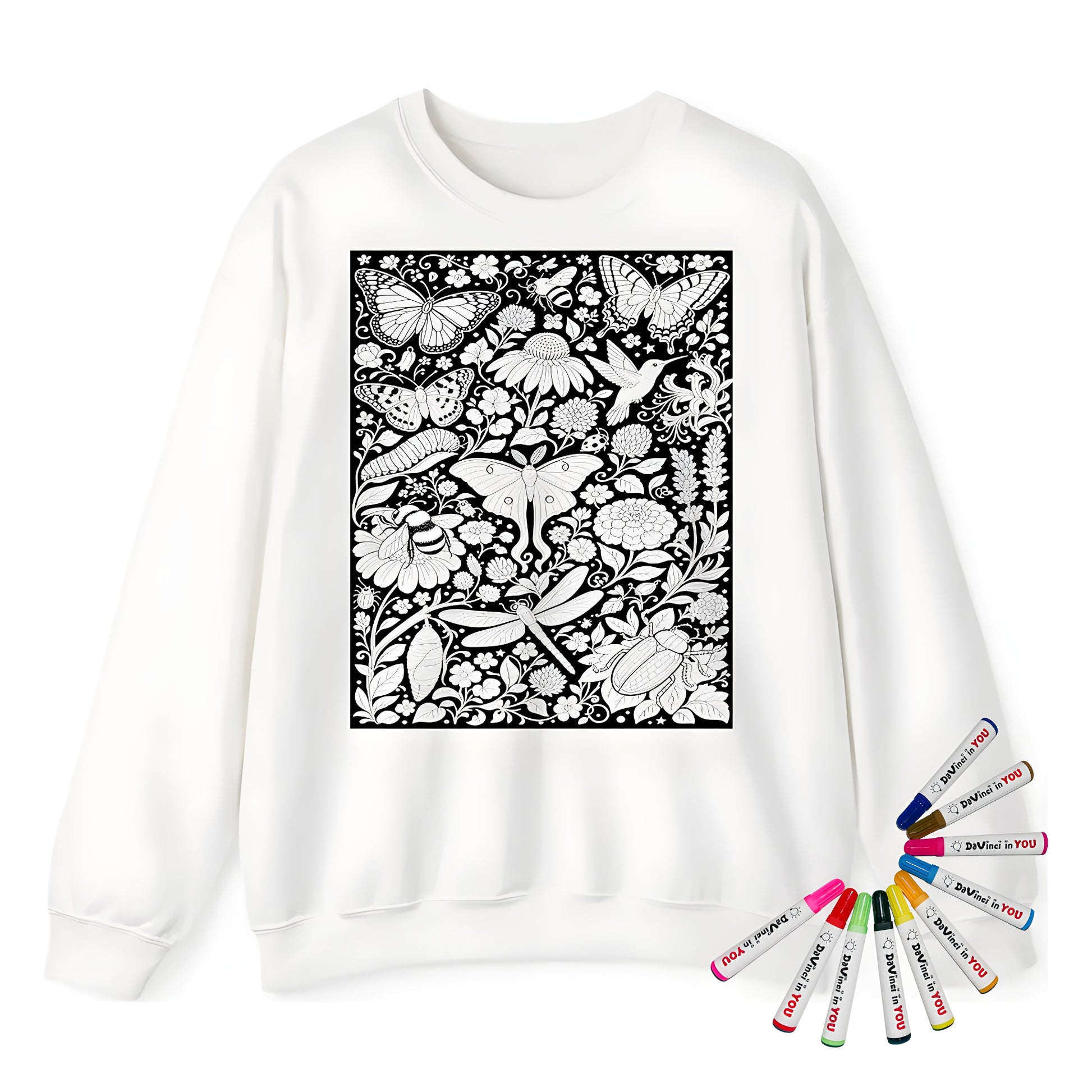 Butterfly and Moth Garden Adult Crewneck Sweatshirt coloring kit mockup with white base, cotton/polyester blend, and graphic print