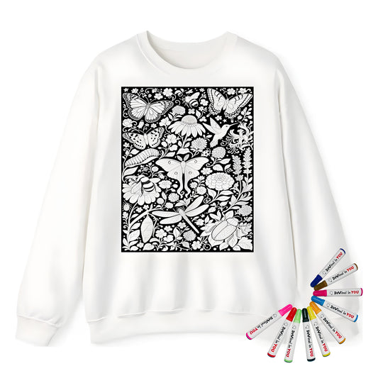 Butterfly and Moth Garden Adult Crewneck Sweatshirt coloring kit mockup with white base, cotton/polyester blend, and graphic print