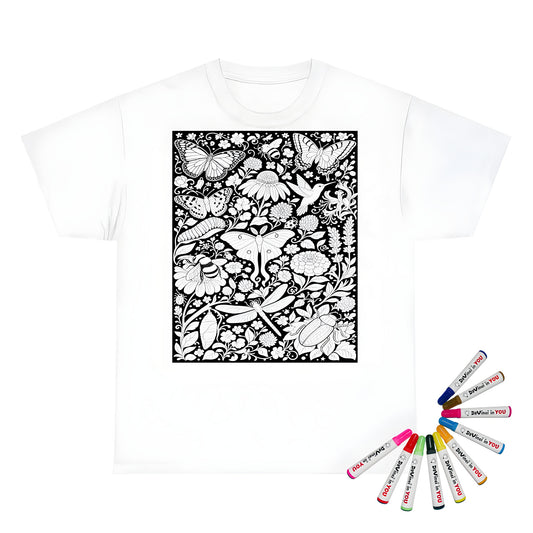 Butterfly and Moth Garden Kids T-Shirt coloring kit mockup with white base, cotton, and graphic print