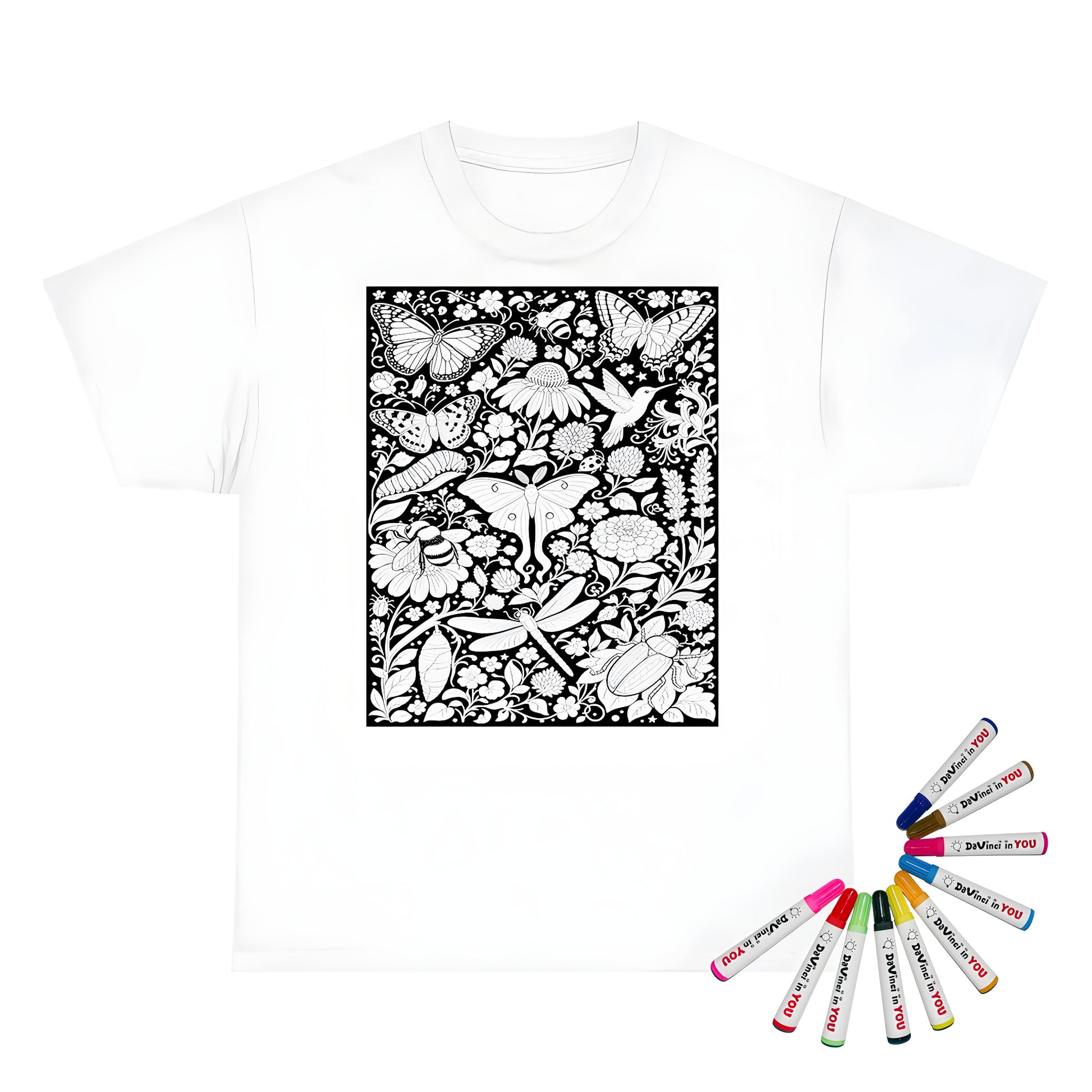 Butterfly and Moth Garden Unisex T-Shirt coloring kit mockup with white base, cotton, and graphic print