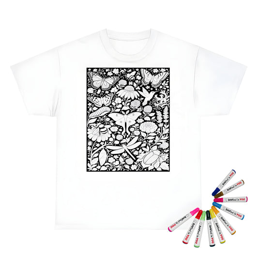 Butterfly and Moth Garden Unisex T-Shirt coloring kit mockup with white base, cotton, and graphic print