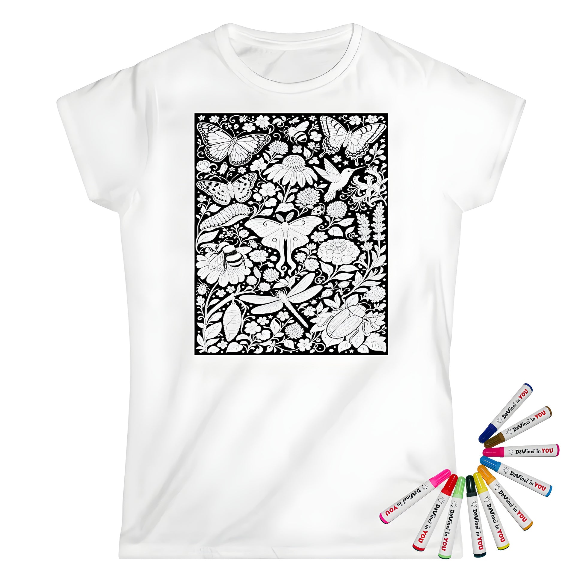 Butterfly and Moth Garden Womens T-Shirt coloring kit mockup with white base, cotton, and graphic print