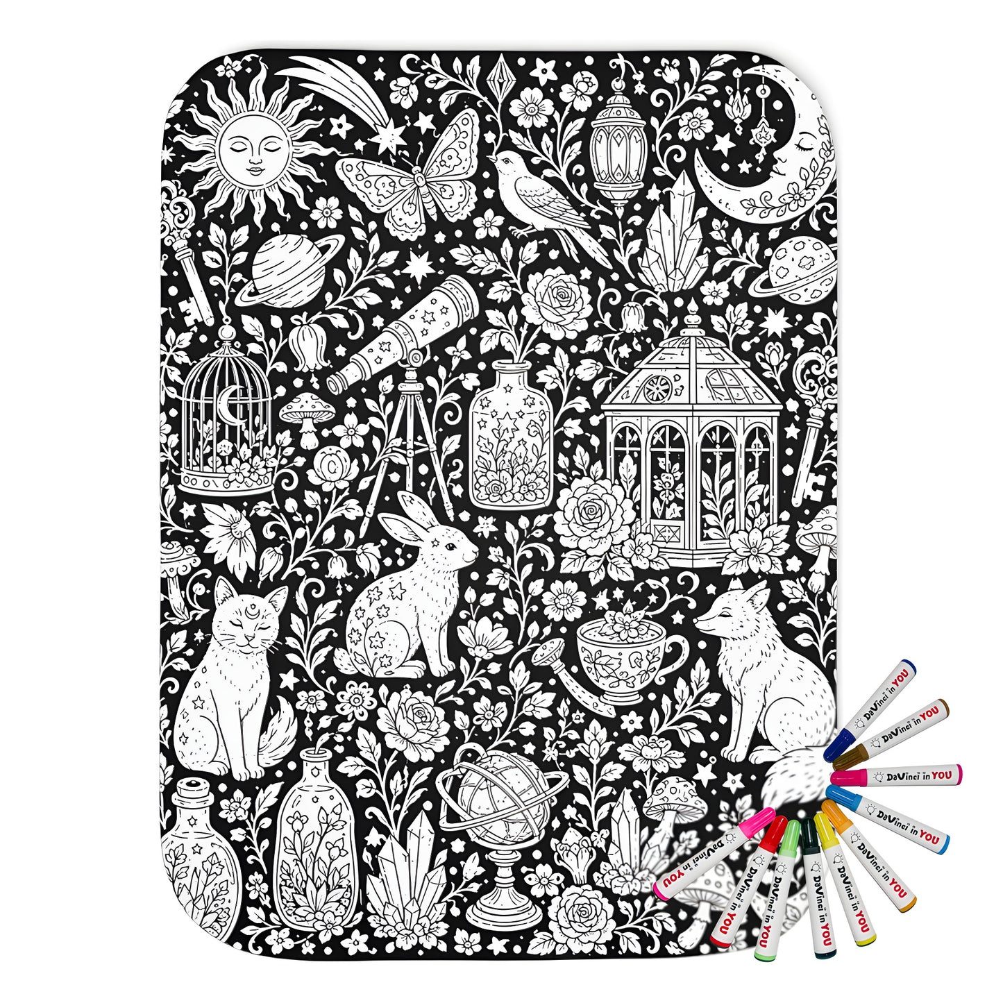 Celestial Fantasy Sherpa Blanket coloring kit mockup with polyester and graphic print