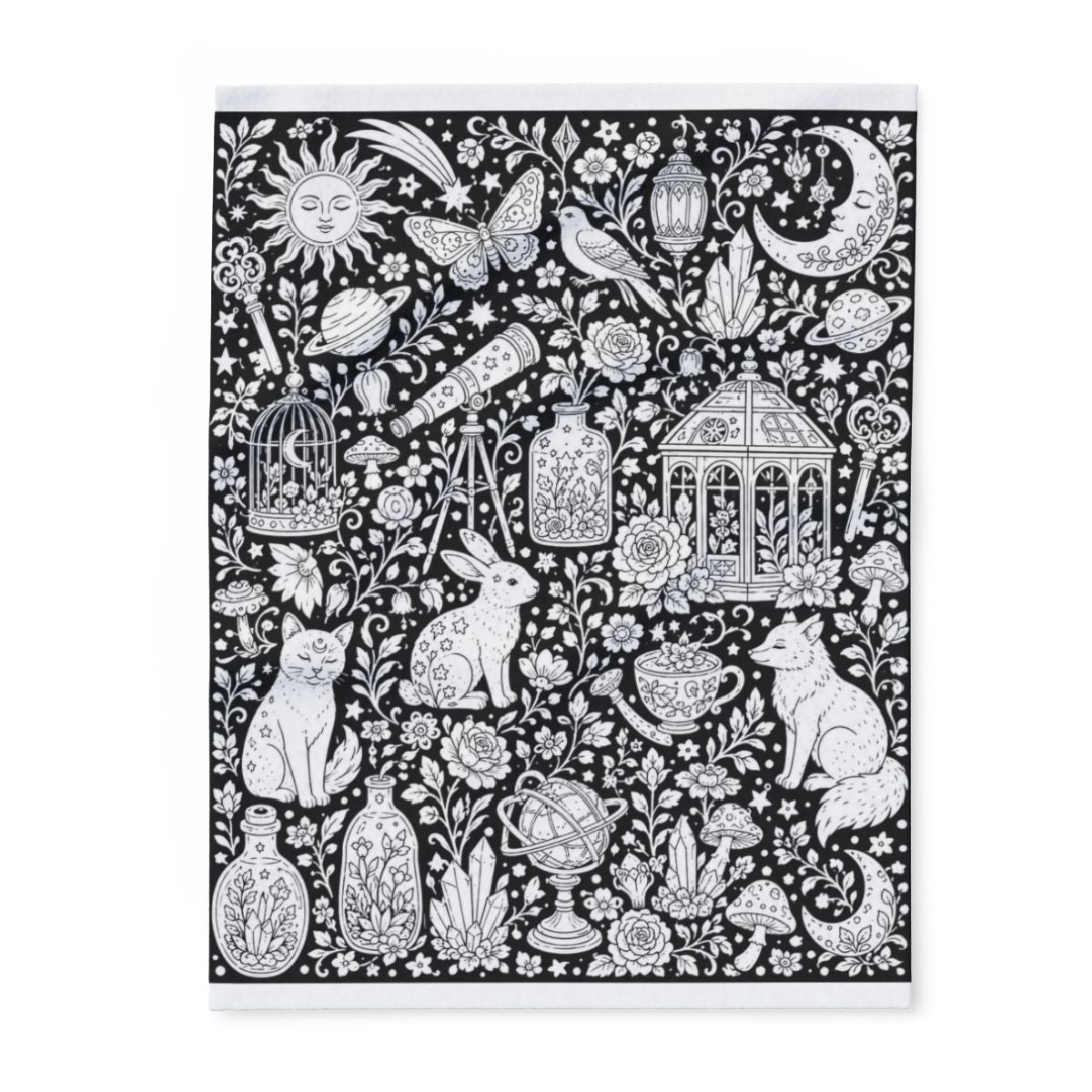 Celestial Fantasy Fleece Blanket coloring kit mockup with polyester fleece and graphic print