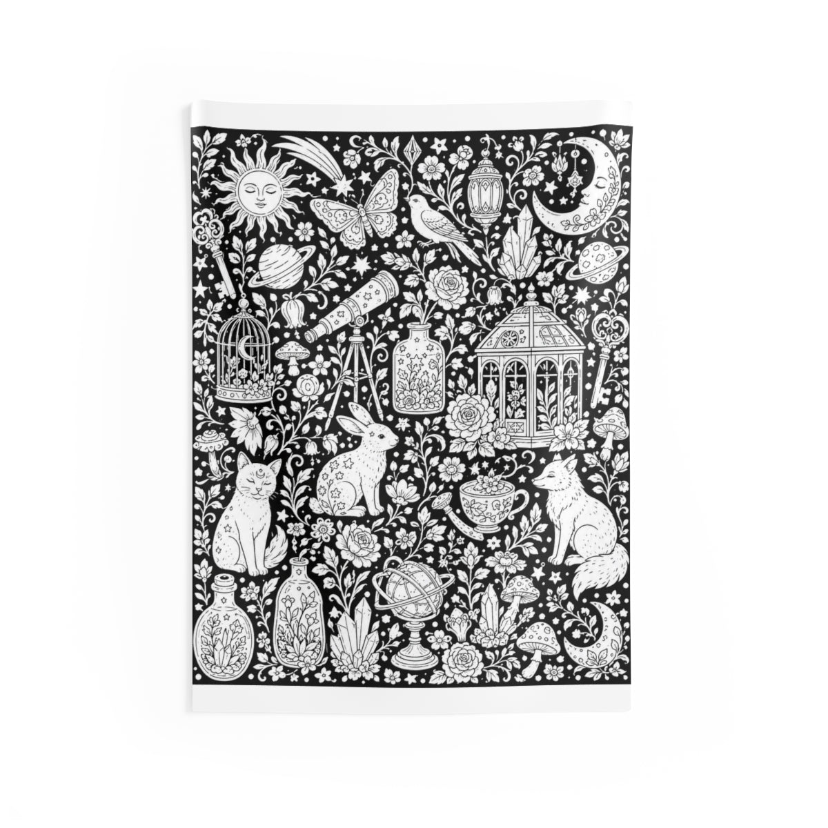 Celestial Fantasy Indoor Wall Tapestry coloring kit mockup with polyester and graphic print