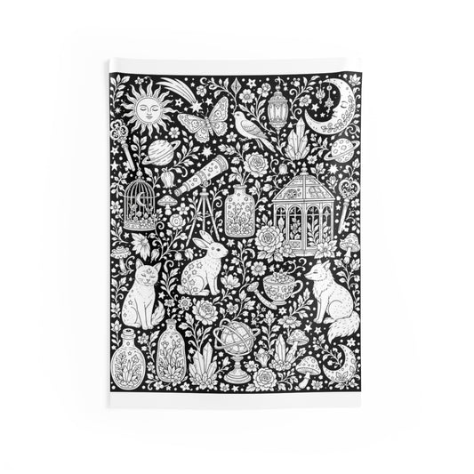 Celestial Fantasy Indoor Wall Tapestry coloring kit mockup with polyester and graphic print
