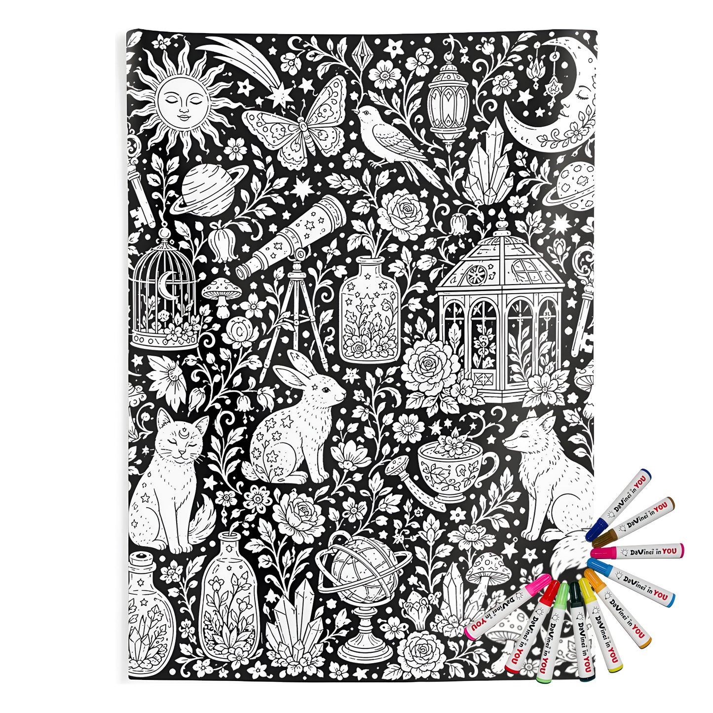 Celestial Fantasy Indoor Wall Tapestry coloring kit mockup with polyester and graphic print