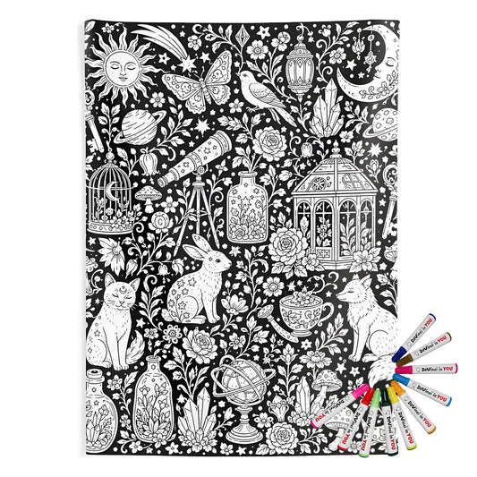 Celestial Fantasy Indoor Wall Tapestry coloring kit mockup with polyester and graphic print