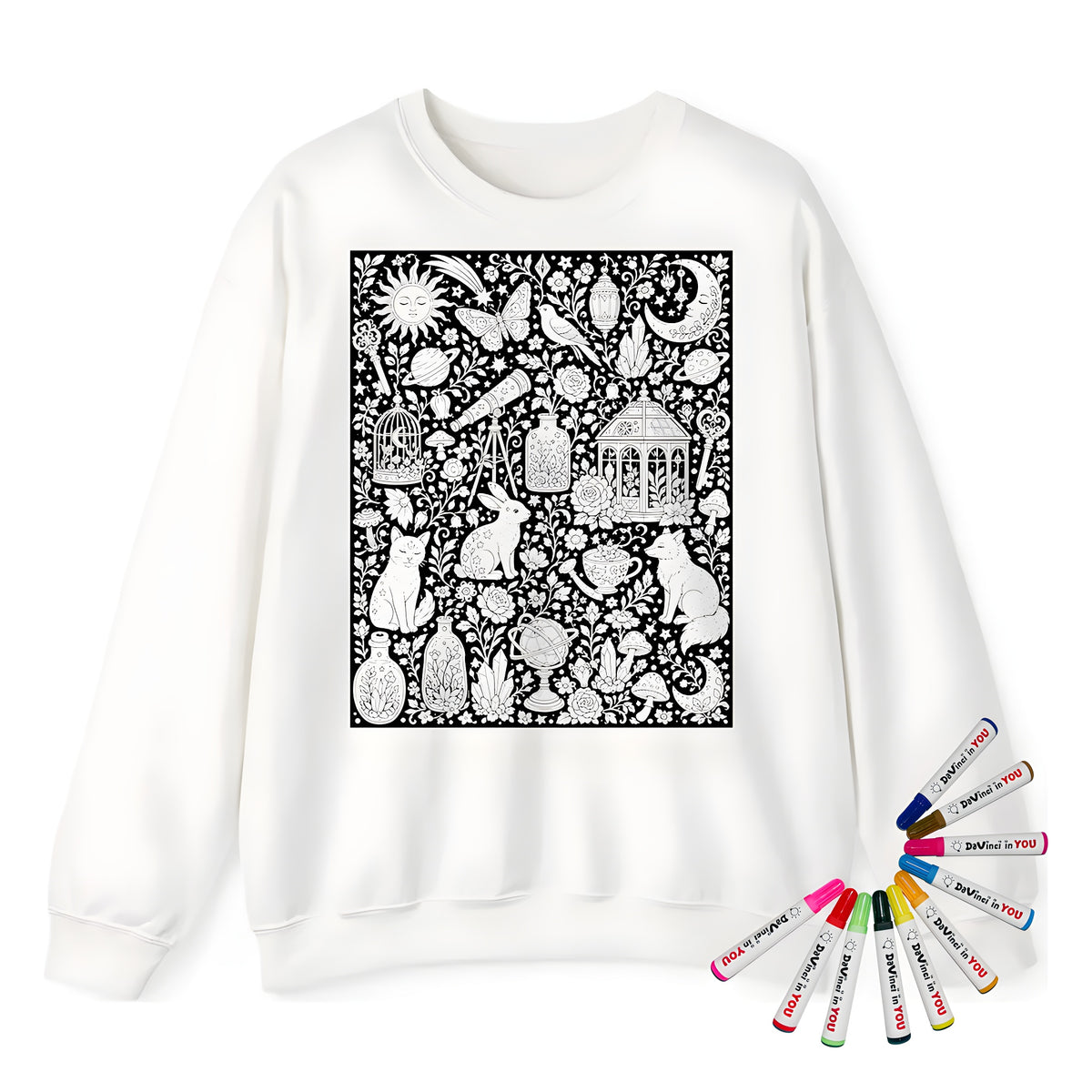 Celestial Fantasy Adult Crewneck Sweatshirt coloring kit mockup with white base, cotton/polyester blend, and graphic print