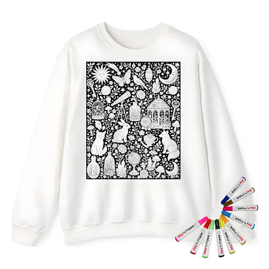 Celestial Fantasy Adult Crewneck Sweatshirt coloring kit mockup with white base, cotton/polyester blend, and graphic print