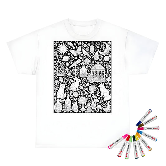 Celestial Fantasy Kids T-Shirt coloring kit mockup with white base, cotton, and graphic print