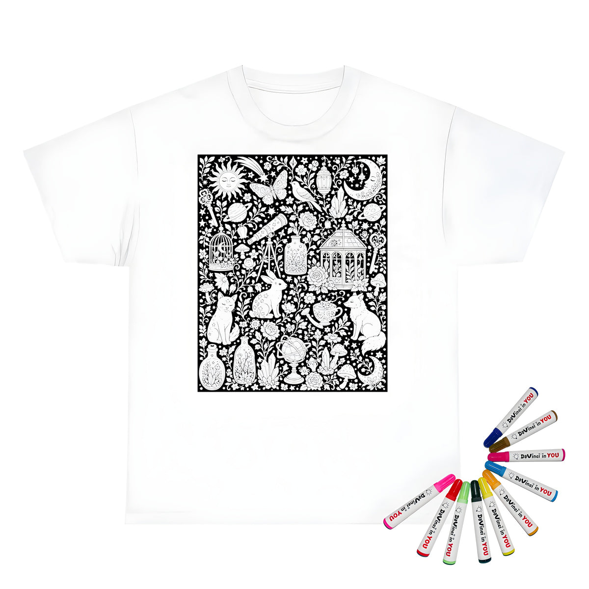 Celestial Fantasy Unisex T-Shirt coloring kit mockup with white base, cotton, and graphic print