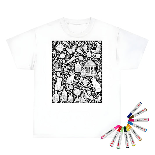 Celestial Fantasy Unisex T-Shirt coloring kit mockup with white base, cotton, and graphic print