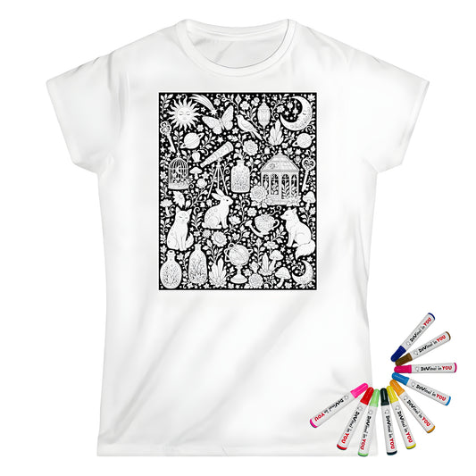 Celestial Fantasy Womens T-Shirt coloring kit mockup with white base, cotton, and graphic print